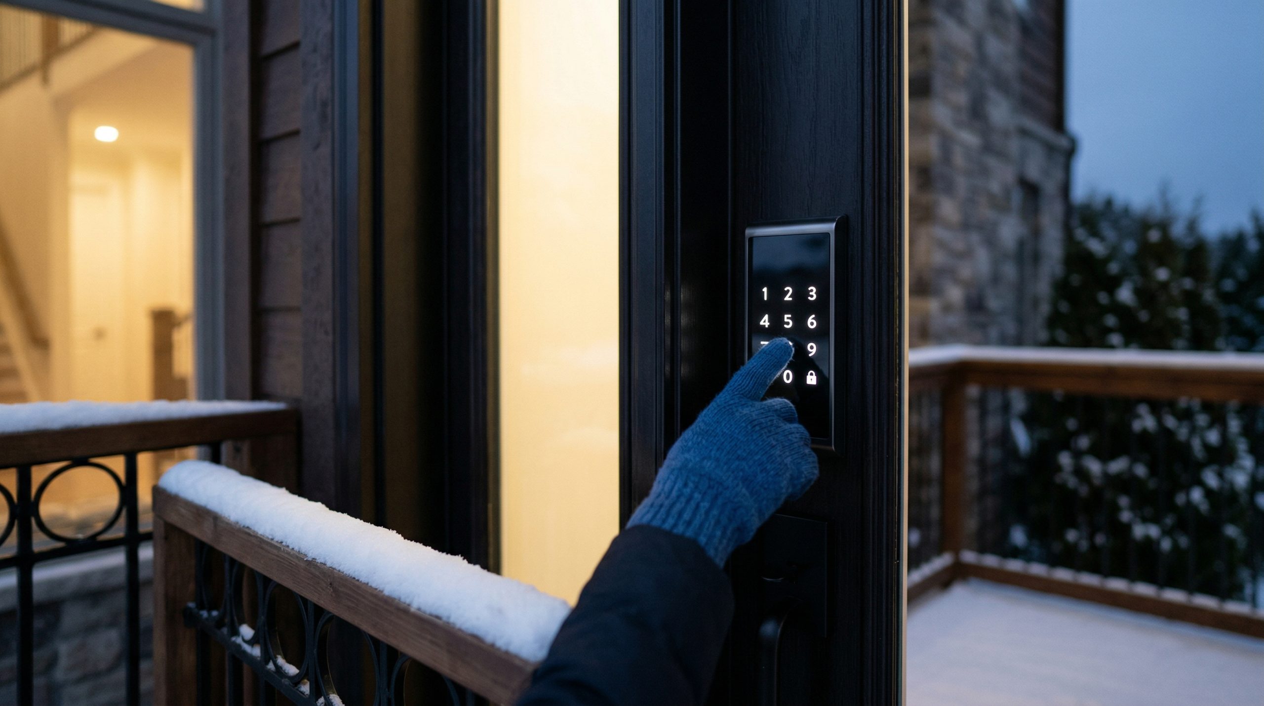 Smart lock keypad on Ottawa home front door at dusk